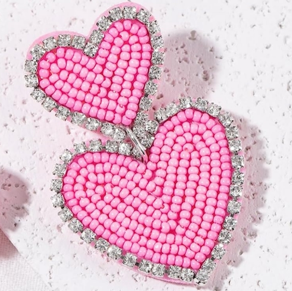 Big Double Pink Heart Beaded Rhinestone Handmade Earrings Large Hearts Statement - Picture 2 of 4